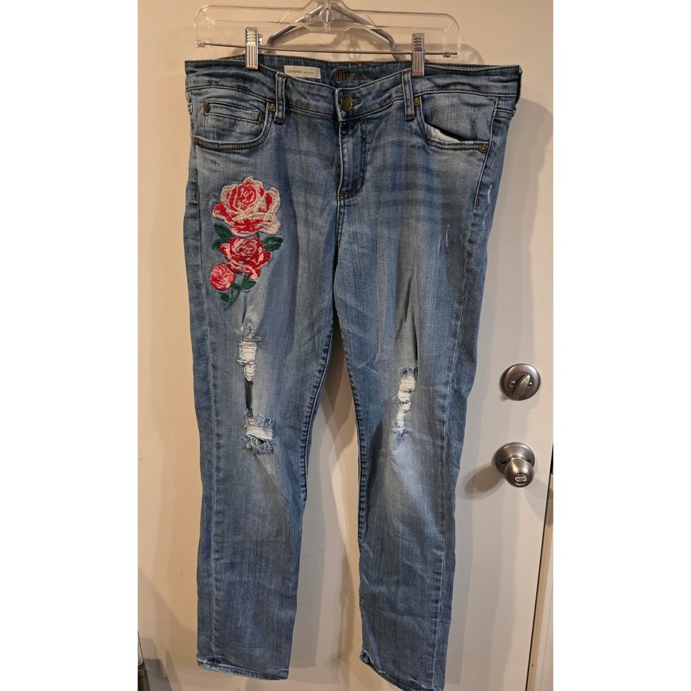 Kut from the Kloth Catherine Boyfriend Embroidered Rose Distressed Jeans Size 14